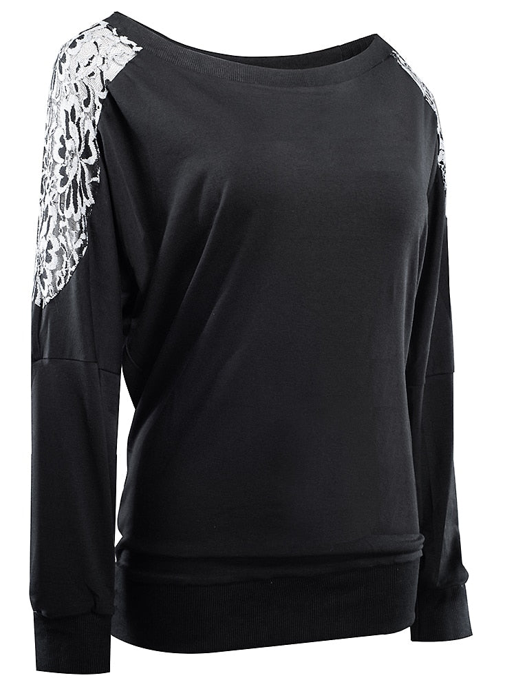 Nice-forever Winter Women Vintage Lace Patchwork with Long Sleeve T-shirts Casual Loose Tees Top bty253