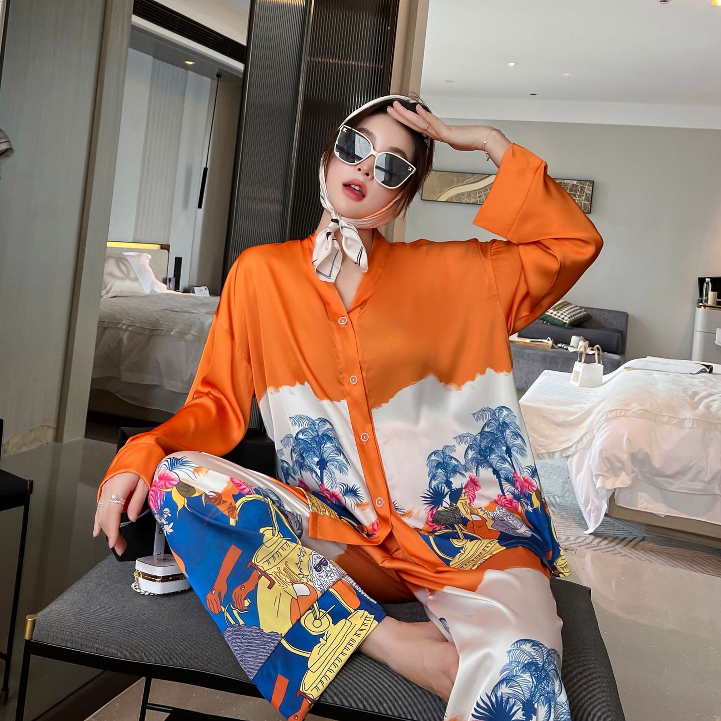 QSROCIO NEW Women's Pajamas Set Luxury Style Painting Print Sleepwear Satin Silky Touch Homewear V Neck Nightie Casual Home Suit