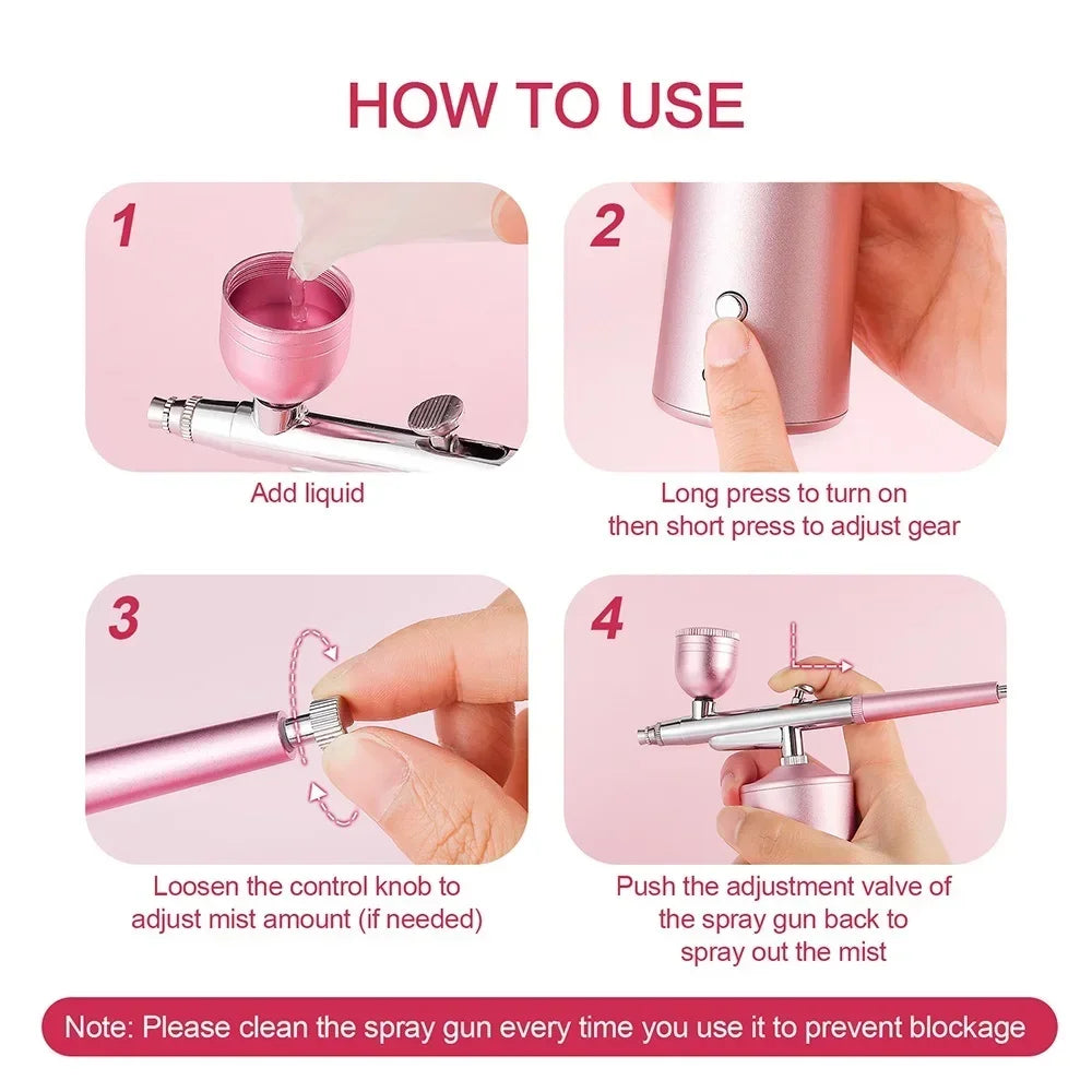 Top 0.3mm Pink Mini Air Compressor Kit Air-Brush Paint Spray Gun Airbrush For Nail Art Tattoo Craft Cake Nano Fog Mist Sprayer