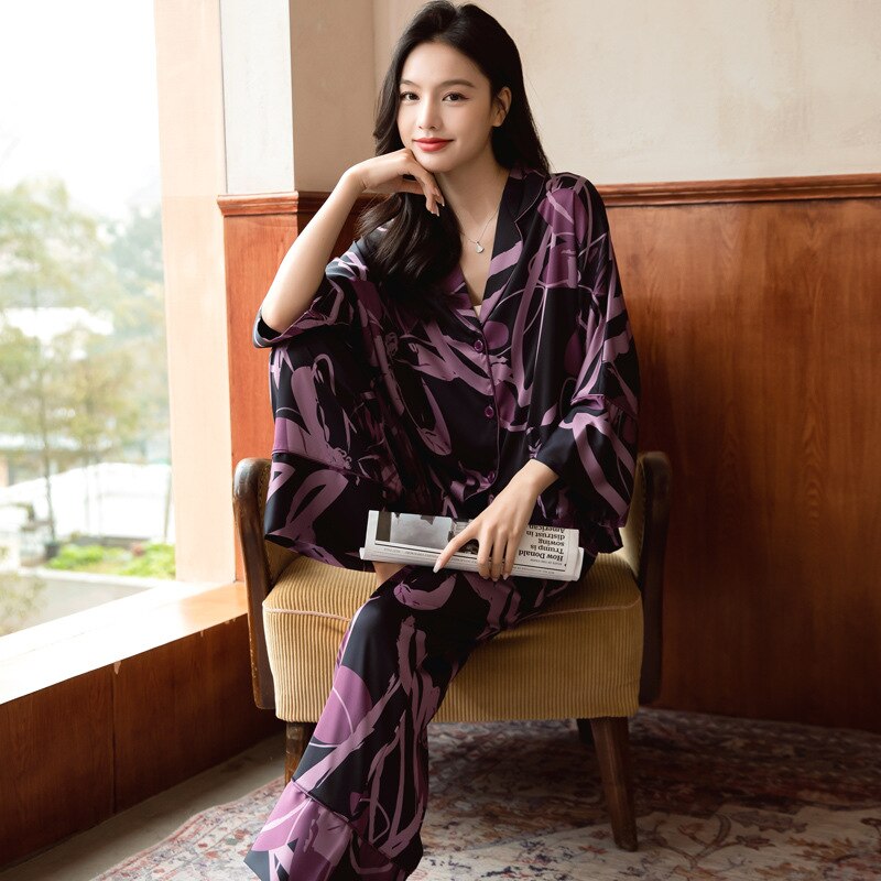 QSROCIO High Quality Women's Pajamas Set Floral Print Silk Like Sleepwear Loose Top Casual Fashion Homewear Nightwear Femme