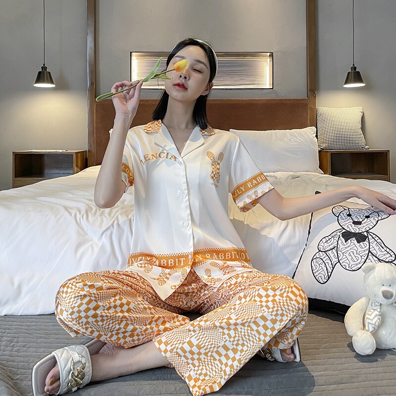 Pajamas Women's Ice Silk 2023 Spring New Long Sleeve Trousers Suit Cartoon Dream Rotating Carriage Home Wear