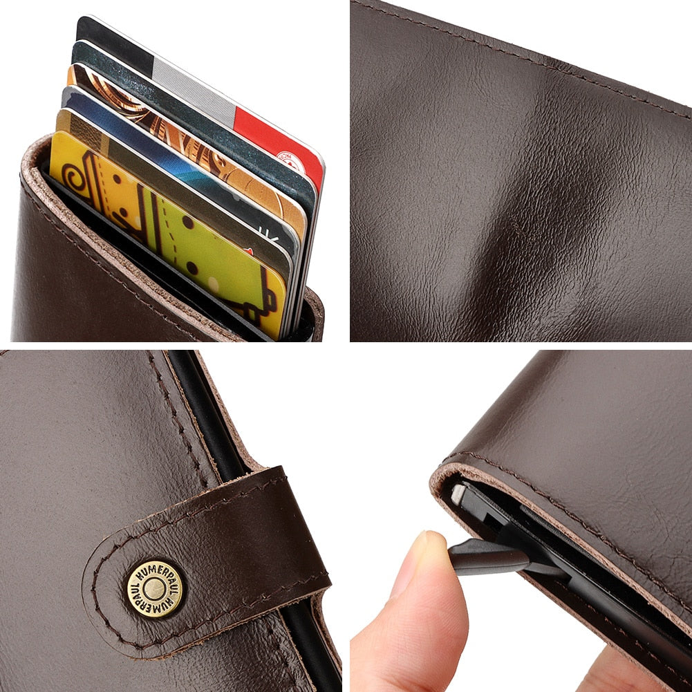 HUMERPAUL Genuine Leather Card Holder with Money Clip RFID Blocking Pop Up Smart Wallets Aluminum Men Travel Porte Carte