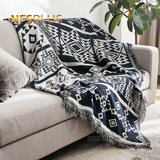 Geometric Throw Blanket with Tassel For Sofa Bed 130x180cm Cotton Thicken Crocheted Jacquard Decorative Sofa Cover Floor Carpet