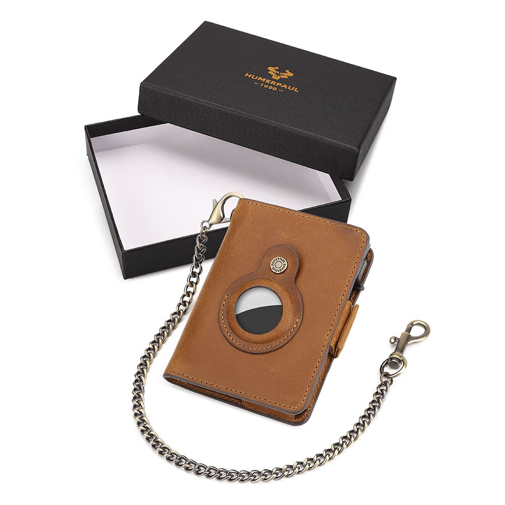 HUMERPAUL AirTag Pop-up Card Holder Purse RFID Protect Credit Cardholder Crazy Horse Leather Men's Wallet with Chain Coin Pocket