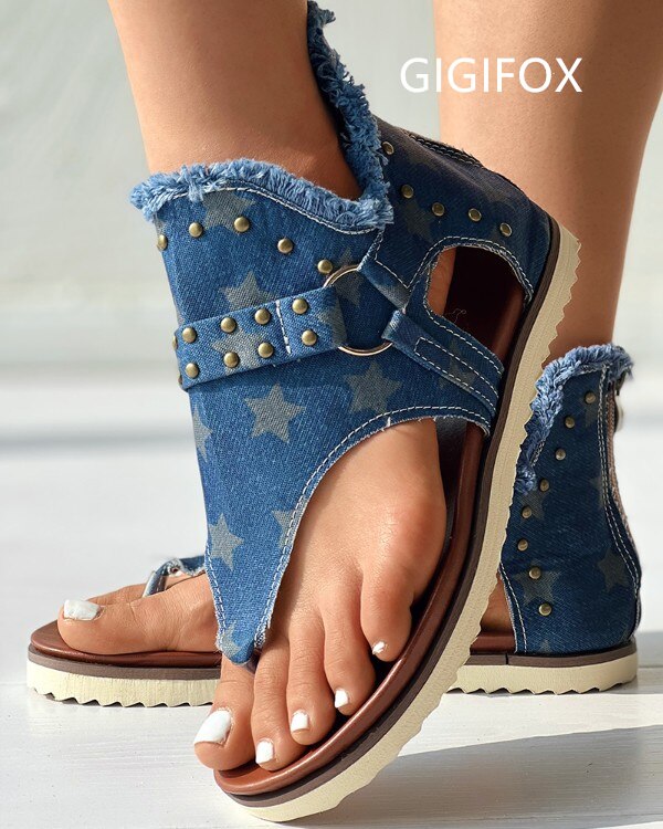 GIGIFOX Fashion Vintage Leisure Flip Flop Flat Sandals For Women Leisure Casual Comfy Beach Summer Shoes Open Toe Denim