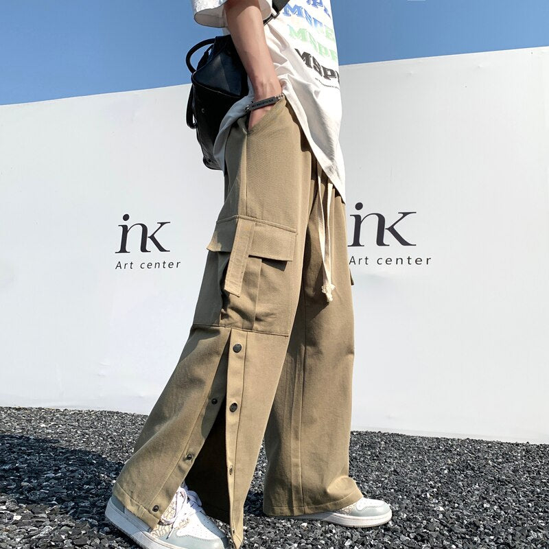 Purple Wide Leg Hip Hop Cargo Pants Button Decor Men Casual Cotton Pants Loose Baggy Trousers Streetwear Joggers Men Clothing