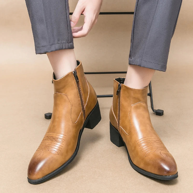 Men's Chelsea Boots Luxury Western Style Men Ankle Boots Slip-On Fashion Horse Boots Retro Winter Cowboy Boots Dress Boots ZIP
