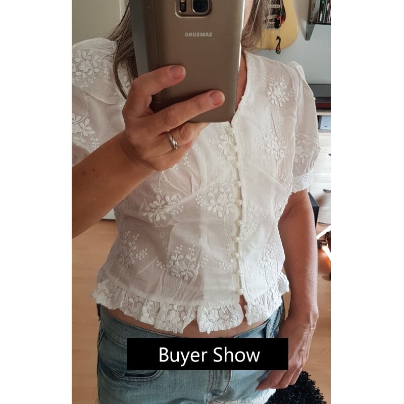 Sweet White Lace Tops Women Casual Puff Short Sleeve V-neck Embroidered Shirt 2023 Fashion Clothes Elegant Elastic Blouse 9778