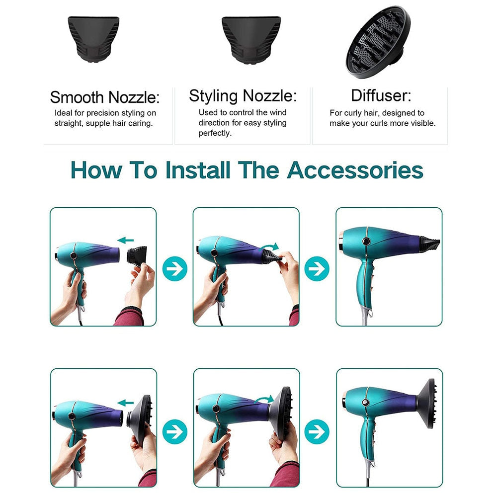 2000W Hair Dryer Professional Salon Negative Ionic Blowdryer with Diffuser Nozzle 2 Speed 3 Heat Settings Low Noise Strong Winds