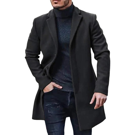 Men's Trench Coat Slim Fit Single Breasted Wool Blend Down Overcoat Winter Business Pea Top Jacket Notch Lapel Jacket