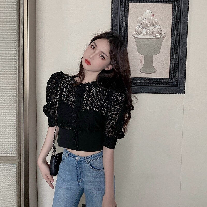 Summer O-neck Blouse Women Korean Hollow Lace White Shirt  2023 Casual Short Sleeve Button Loose Clothes Solid Female Tops 13607