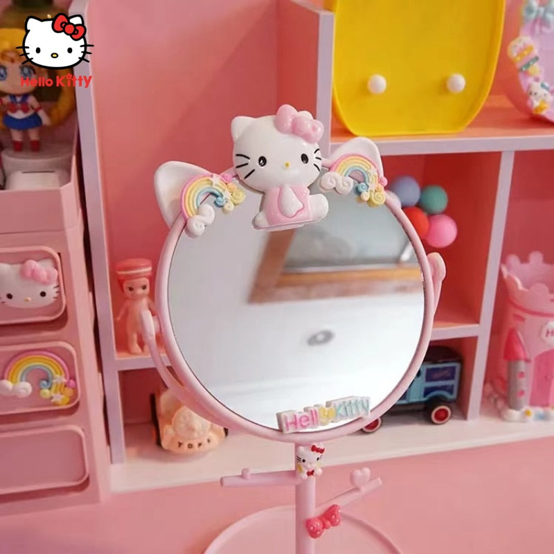 Kawaii Hello Kitty Portable Cartoon Folding Mirror Desk Mirror Round Desk Girl Cute Dressing Mirror Makeup Mirror Handle Mirror
