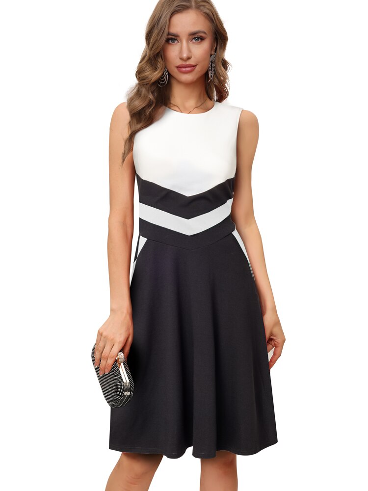Nice-Forever Summer Women Classy Contrast Color Patchwork Dresses Formal Business Elegant Flare Dress A324