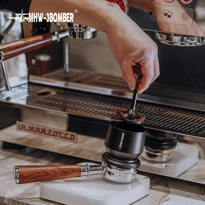MHW-3BOMBER Espresso Dosing Funnel with Stirrer Stainless Steel Coffee Dosing Cup Fit 58mm Portafilter Home Barista Accessories