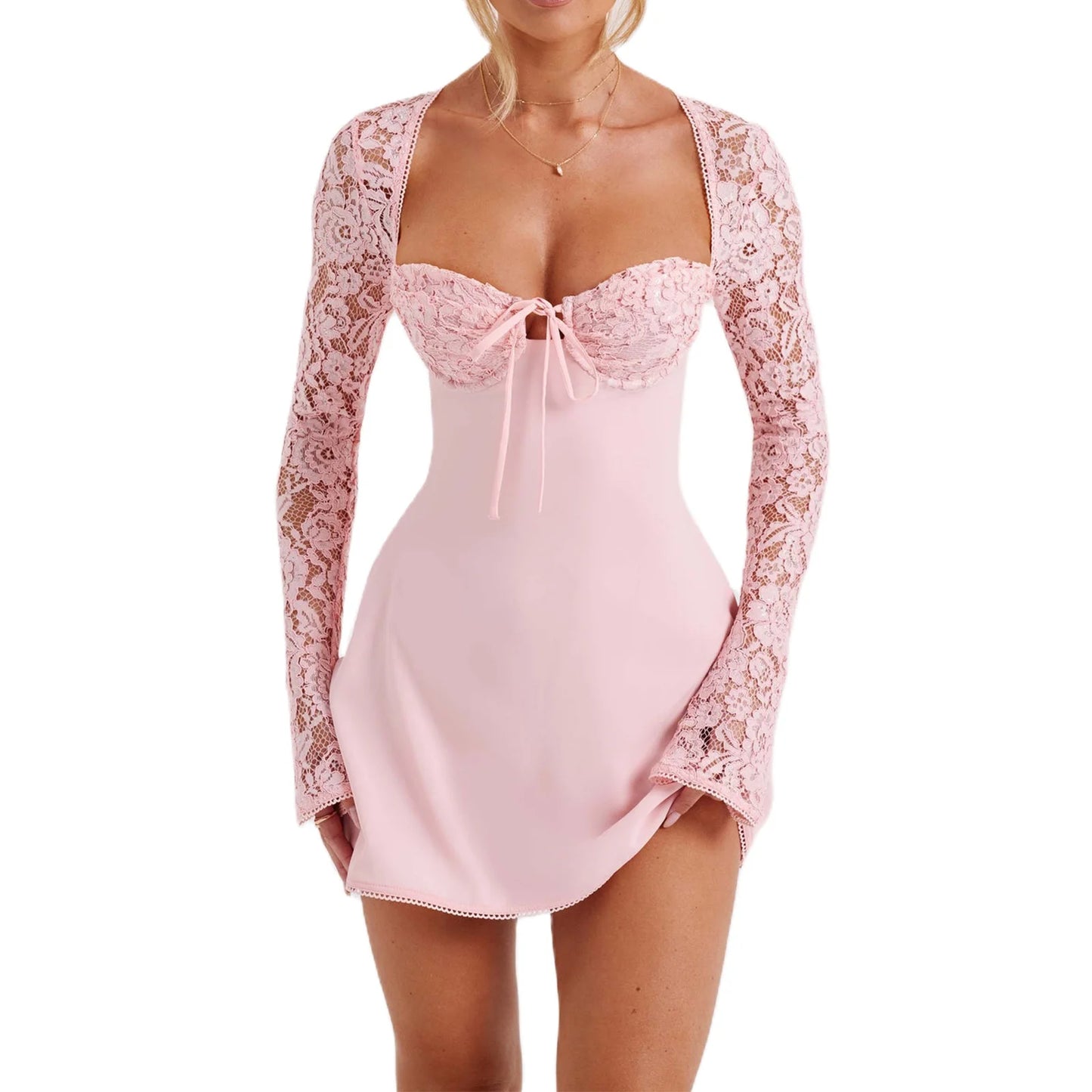 Women’s Elegant Bodycon Mini Dress Lace Long Sleeve White Dress for Spring Summer Low Cut Back Tie Dress Tunic Dress Party Wear