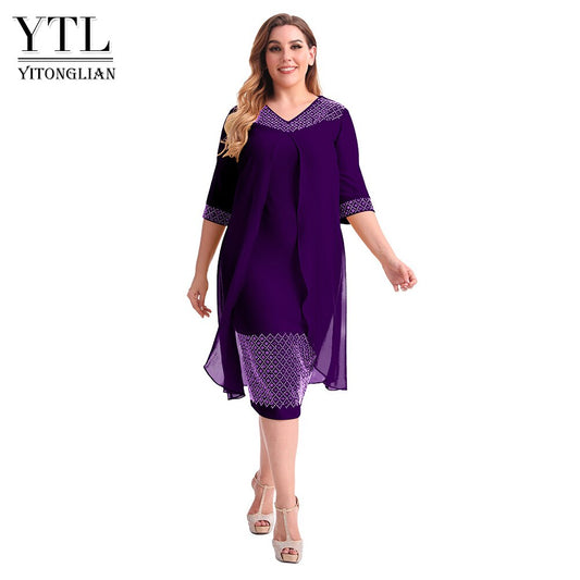 Yitonglian 2023 New Style Women's Vintage Luxury Diamand Summer Chiffon Plus Size Casual Short Sleeve Swing Shift Dress W109