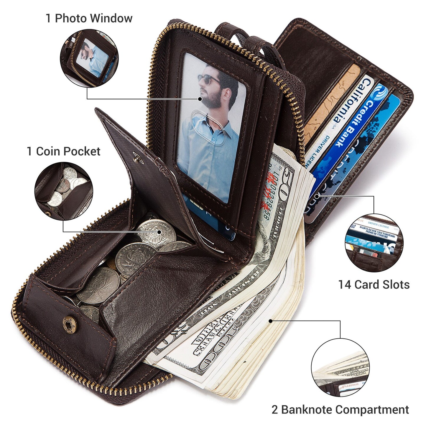 Classic Style Wallets for Men Short Genuine Leather Male Coin Pocket Multi Function RFID Credit Card Holder with ID Window