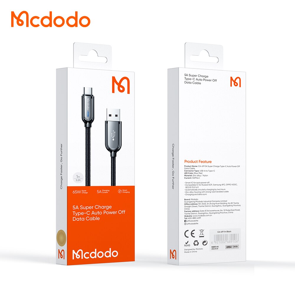 Mcdodo 1M/1.5M Auto Power Off Original Smart Usb C QC4.0 3.0 Fast Quick Charge Smart Type C Date Cable for Android Devices