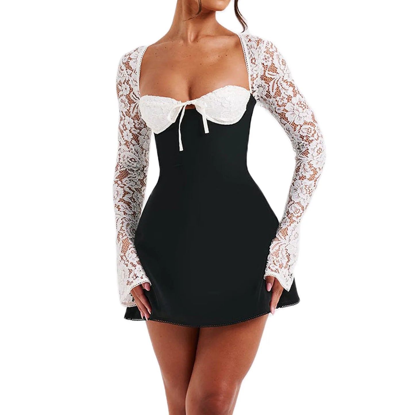 Women’s Elegant Bodycon Mini Dress Lace Long Sleeve White Dress for Spring Summer Low Cut Back Tie Dress Tunic Dress Party Wear