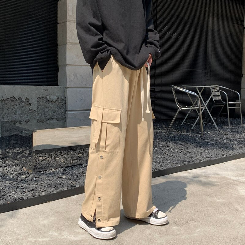 Purple Wide Leg Hip Hop Cargo Pants Button Decor Men Casual Cotton Pants Loose Baggy Trousers Streetwear Joggers Men Clothing