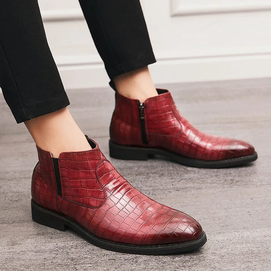 Luxury Leather Red Boots Man Bright Crocodile Chelsea Boots Men Pointed Zipper Men's Ankle Boots Big Size 46 botina masculina