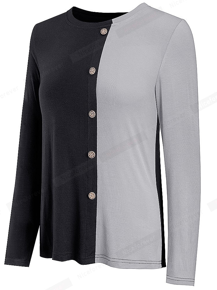 Nice-Forever Autumn Women Classic Contrast Color Patchwork T-Shirts  Casual Loose Tees Tops btyT061