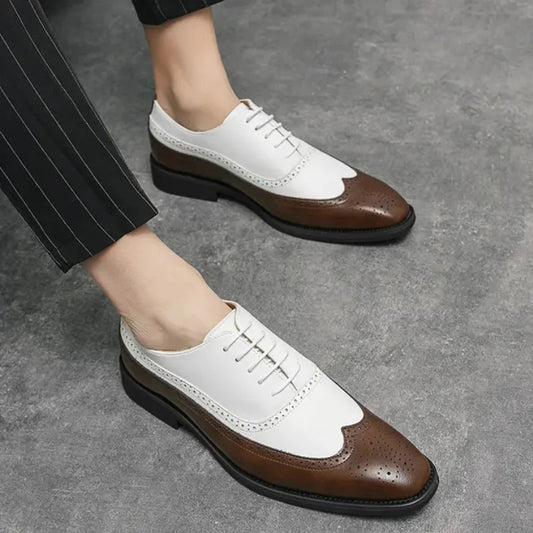 New Block Shoes Men PU Stitching Lace-up Carved Business Dress Shoes Comfortable Classic Oxford Shoes