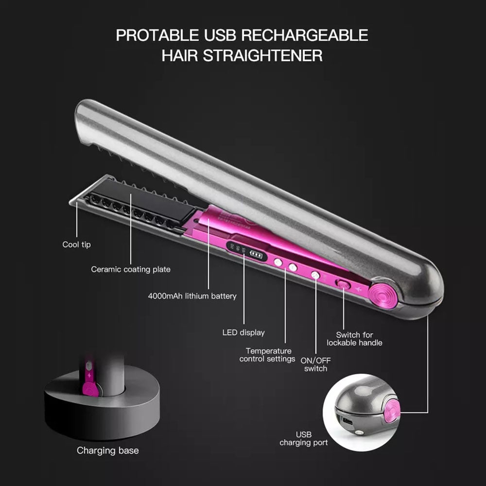 Wireless Hair Straightener with Charging Base Flat Iron Mini 2 IN 1 Roller USB 4800mah Portable Cordless Curler Dry and Wet Uses