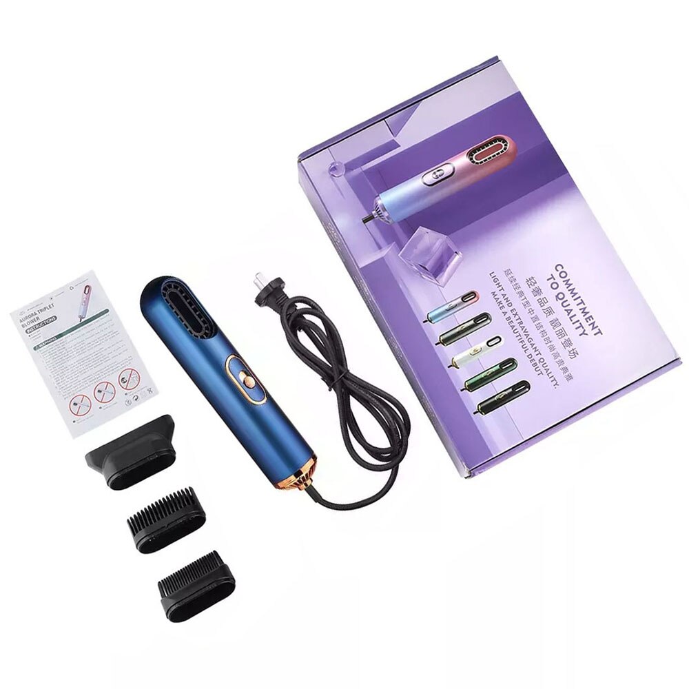 One Step Hair Dryer 3 in 1 Blue Light Negative Ion Leafless Blowdryer with 3 Air Nozzle 2 Speed Low Noise Strong Wind with Comb