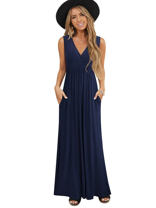 Nice-forever Summer Women Black Color Casual Dresses V-neck Maxi Long Flare Sun Dress btyA162