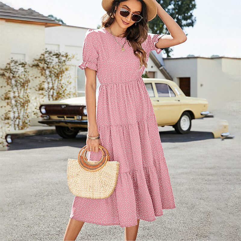Puff Short Sleeve Dress Women Summer Casual Polka Dot Print Ruffle Big Hem Beach Long Dress Elegant Red Midi Party Dresses 2022