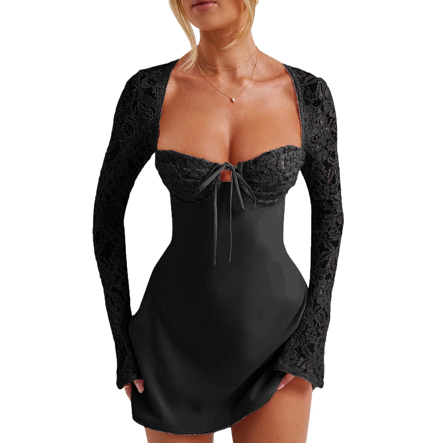 Y2k Women Tie-up Corset Dress Lace Patchwork Long Sleeve Mini Dress Sexy Low Cut Backless A-line Dresses for Cocktail Party