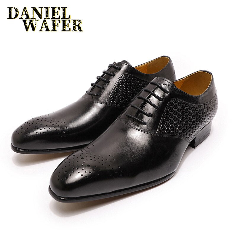 Luxury Mens Oxford Shoes Genuine Leather Prints Brown Black Lace-Up Pointed Toe Office Wedding Dress Formal Oxford Shoes for Men