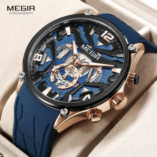 MEGIR Military Sport Quartz Watch Men Navy Blue Silicone Belt Waterproof Wristwatch with Date Chronograph Luminous hands 24-hour