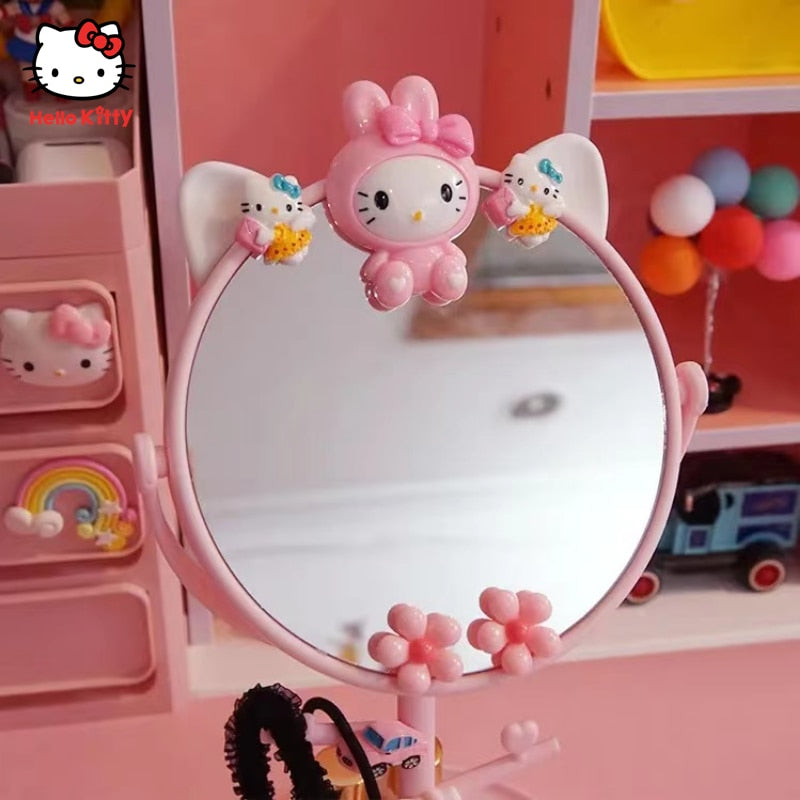 Kawaii Hello Kitty Portable Cartoon Folding Mirror Desk Mirror Round Desk Girl Cute Dressing Mirror Makeup Mirror Handle Mirror