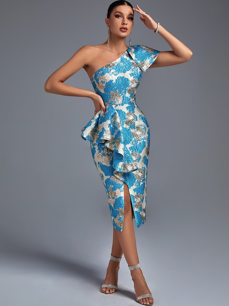 Jacquard Ruffle Party Dress Women Blue Bodycon Dress Elegant Sexy Midi One Shoulder Evening Club Outfits 2022 Summer New Fashion