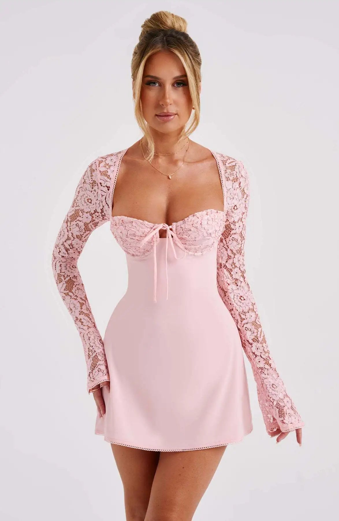Women’s Elegant Bodycon Mini Dress Lace Long Sleeve White Dress for Spring Summer Low Cut Back Tie Dress Tunic Dress Party Wear