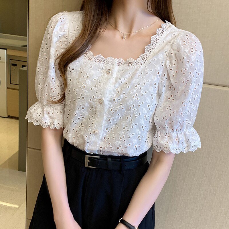 Fashion Summer Short Sleeve Shirts Woman White Blouse Women 2023 Elegant Square Collar Hollow Out Korean Lace Shirt Blusas 13934