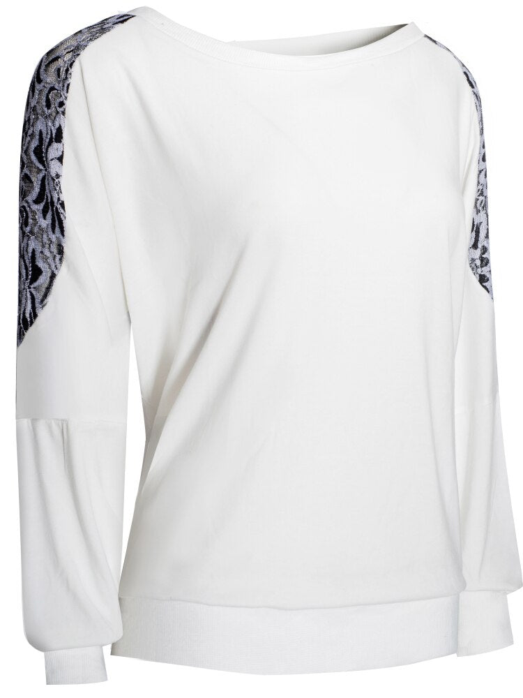 Nice-forever Winter Women Vintage Lace Patchwork with Long Sleeve T-shirts Casual Loose Tees Top bty253