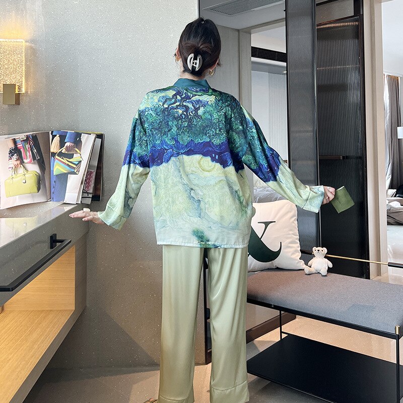 QSROCIO NEW Women's Pajamas Set Luxury Style Painting Print Sleepwear Satin Silky Touch Homewear V Neck Nightie Casual Home Suit