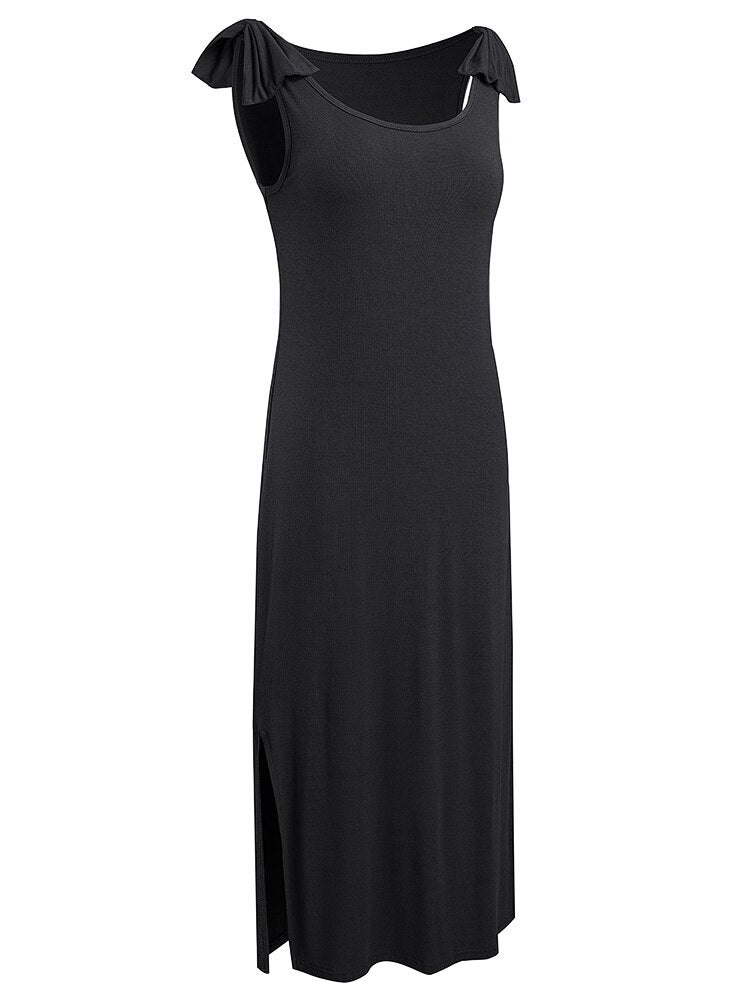 Nice-forever Summer Women Simplicity Solid Color Midi Dresses Casual Beach Straight Dress B661