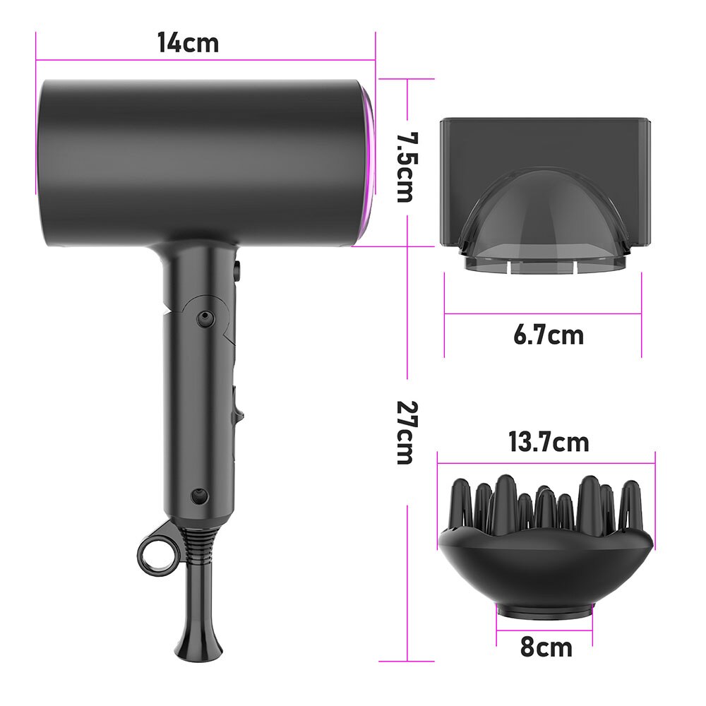 Travel Hair Dryer Folding Negative Ion Blower 1800W Portable Light Weight Compact Size Quiet Small Drys Quickly with 2 Nozzles