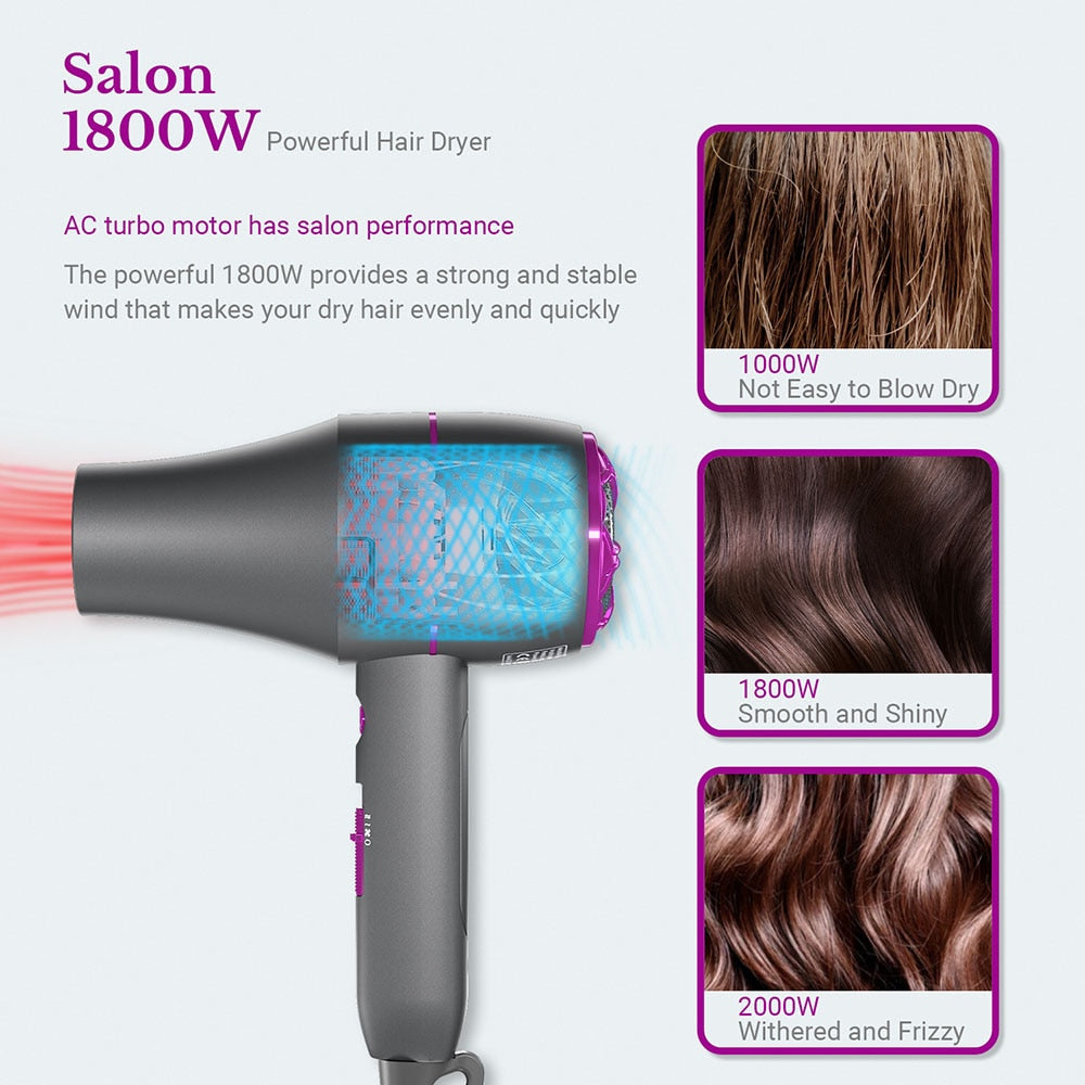 1800W Professional Hair Dryer Hot and Cold Strong Wind Powerful Blower Constant Temperature 1 collecting 2 Air Comb Nozzle 3Gear