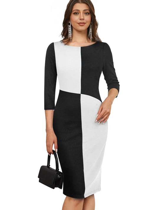 Nice-Forever Autumn Women Fashion Chic Contrast Color Patchwork Dresses Formal Business Work Elegant Bodycon Dress B740