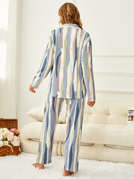 Women Long Sleeve Blue Stripe Two Piece Pajamas Set Witn Long Pants