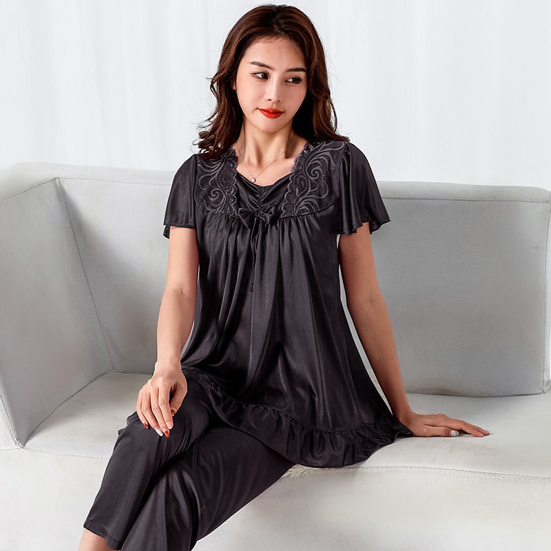 Women Home Clothing Big Nightshirt Shorts Summer Satin Silk Trousers Suit Women Middle-aged Lace Large 5XL Pajamas Bedroom Set