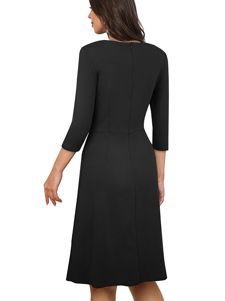 Nice-Forever Autumn Women Classy Pleated Plain Dresses Formal Business Elegant Flare Dress A318