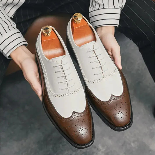 New Block Shoes Men PU Stitching Lace-up Carved Business Dress Shoes Comfortable Classic Oxford Shoes