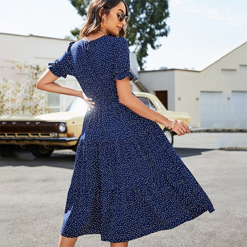 Puff Short Sleeve Dress Women Summer Casual Polka Dot Print Ruffle Big Hem Beach Long Dress Elegant Red Midi Party Dresses 2022