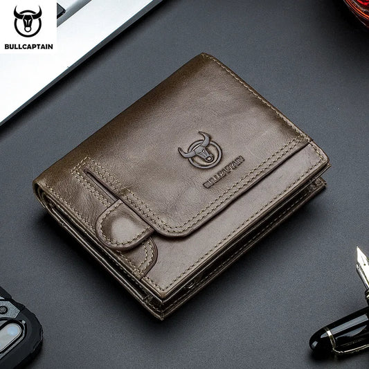 BULLCAPTAIN RFID Blocking Men's Wallet Man Vintage Cow Genuine Leather Wallet Male Handmade Billfold Coin Purse Short Wallet